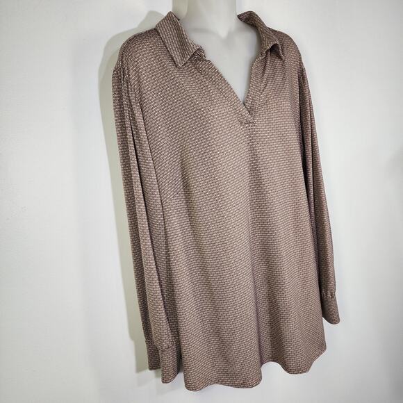 Adrianna Papell Womens Blouse Beige Geometric Print Long Sleeve Knit Collared 2X - Picture 5 of 11